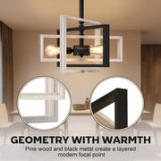 Ceiling light in a hallway with close-ups of the pine wood and black metal frame