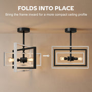 Foldable frame shown open and folded into a compact ceiling profile