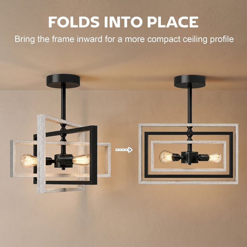 Foldable frame shown open and folded into a compact ceiling profile