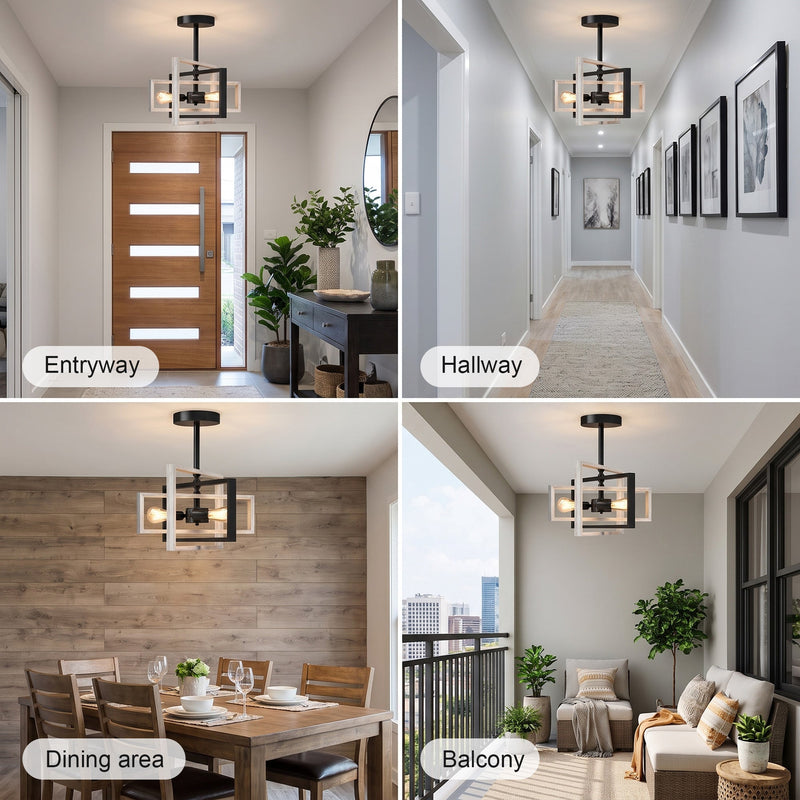 Ceiling light shown in an entryway, hallway, dining area and balcony