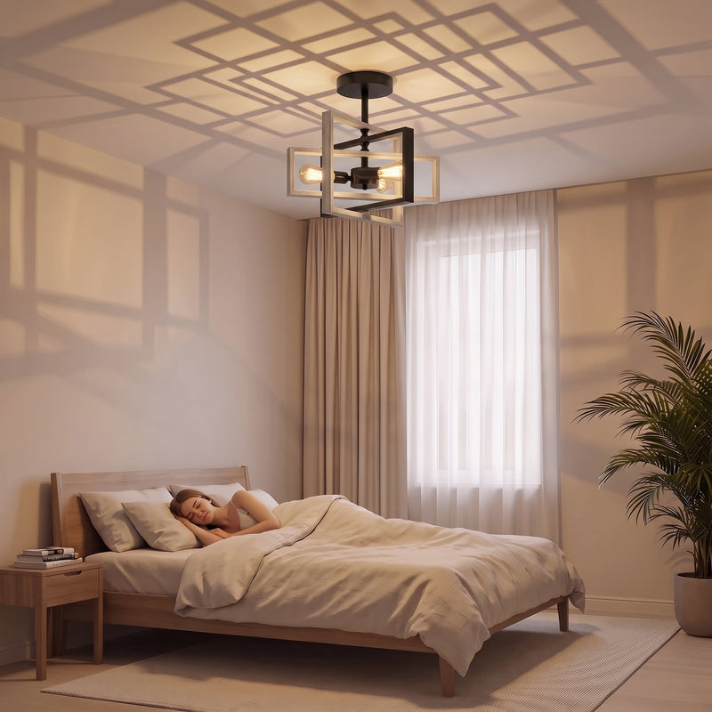 Ceiling light above a bed in a bedroom