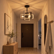 Ceiling light in a hallway opposite a front door