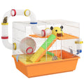 White and orange 3-tier gerbil cage with tubes, wheel and ramps, studio shot