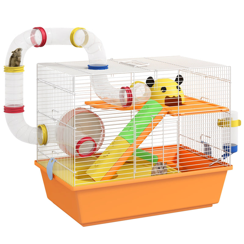 White and orange 3-tier gerbil cage with tubes, wheel and ramps, studio shot