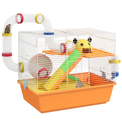 White and orange 3-tier gerbil cage with tubes, wheel and ramps, studio shot
