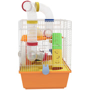 Front view of the gerbil cage showing tubes, wheel and coloured ramps