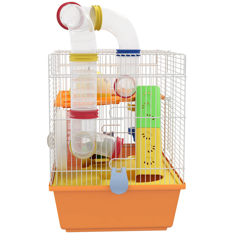 Front view of the gerbil cage showing tubes, wheel and coloured ramps