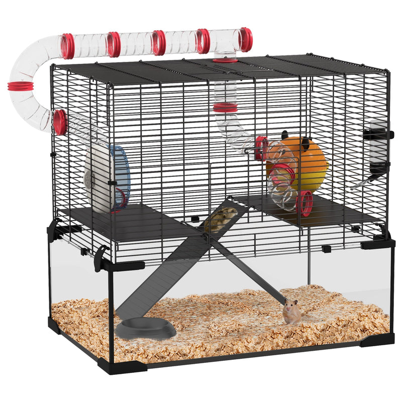 Black wire gerbil cage with deep glass bottom and connecting tubes, studio shot