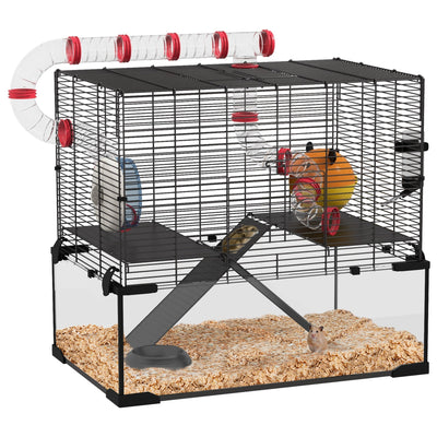 Black wire gerbil cage with deep glass bottom and connecting tubes, studio shot