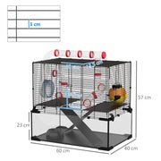 Dimension diagram showing the gerbil cage measuring 60 x 40 x 57cm with a 23cm glass base