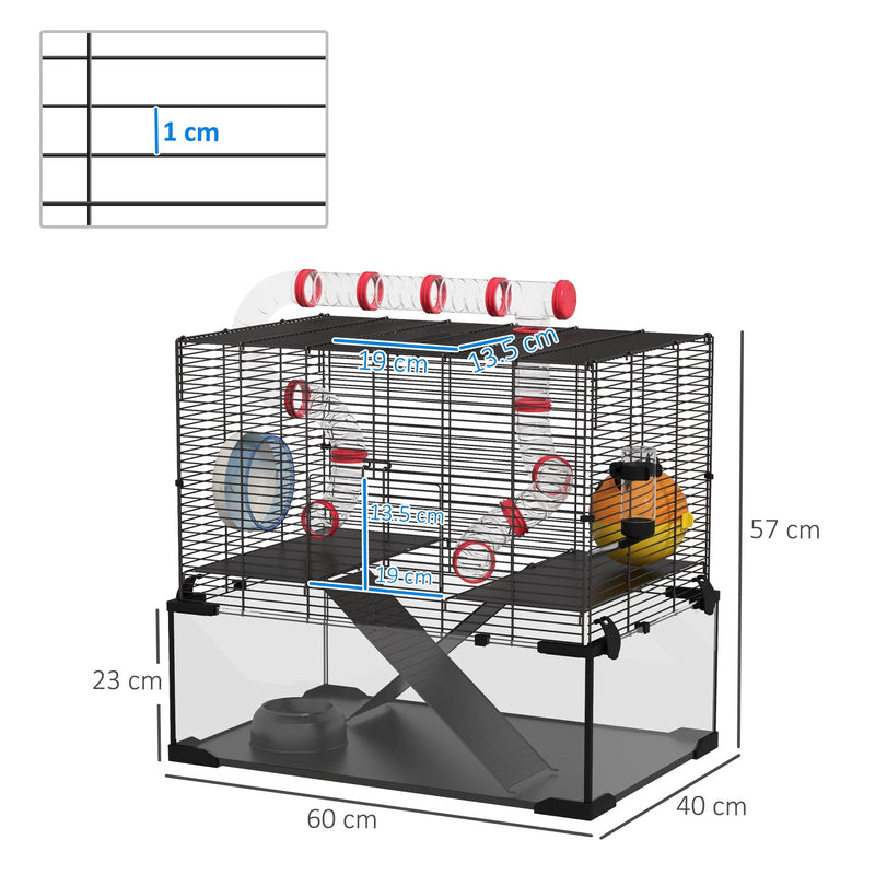 Dimension diagram showing the gerbil cage measuring 60 x 40 x 57cm with a 23cm glass base