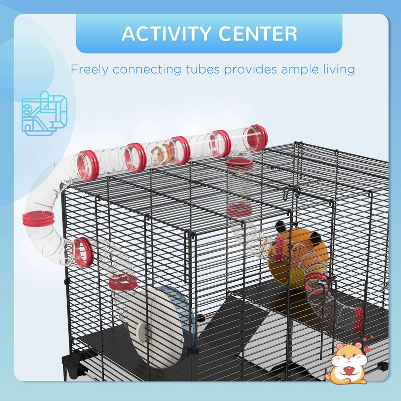 Close-up of the connecting tube system running along the top of the cage