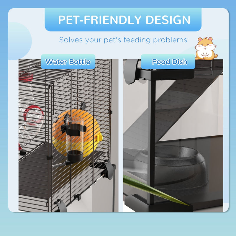 Close-up of the water bottle and food dish fitted to the cage