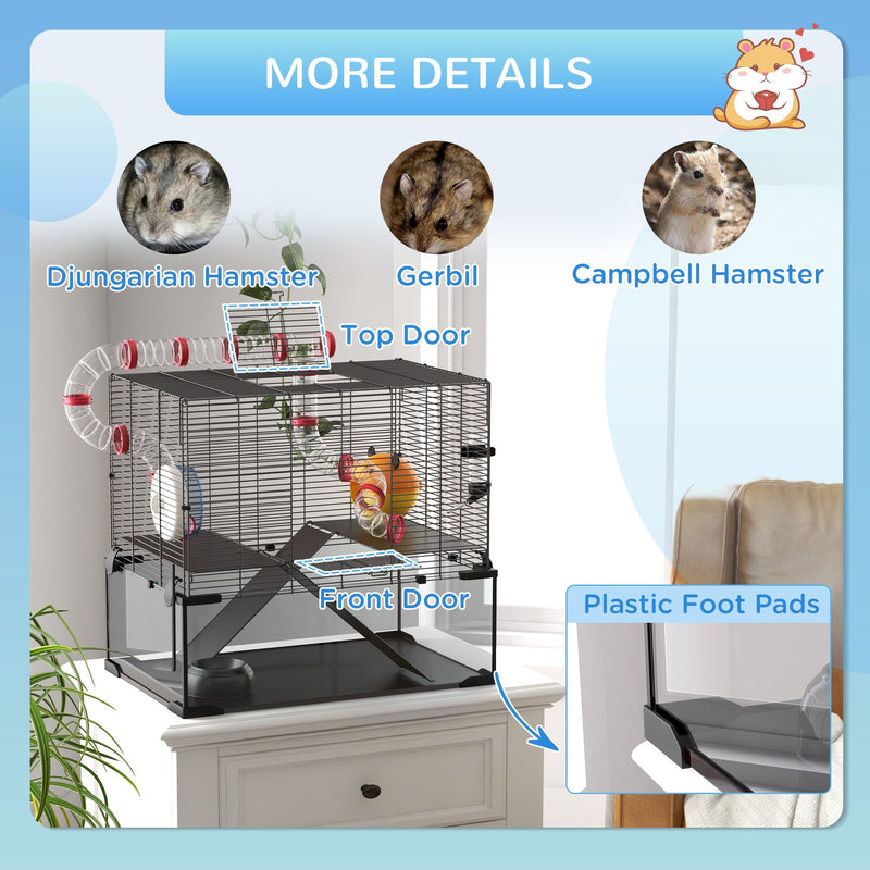 Diagram showing the top door, front door and plastic foot pads, suitable for Djungarian hamsters, gerbils and Campbell hamsters
