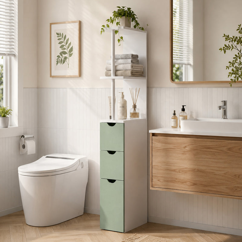 Bathroom Floor Cabinet for Small Spaces with Shelves and Drawers White Light Green