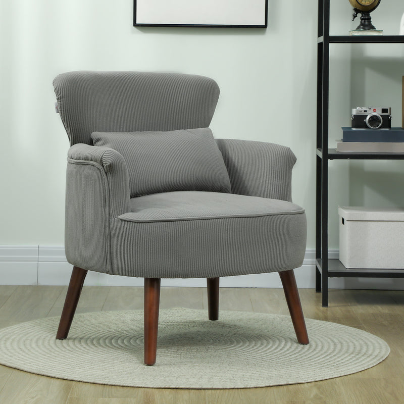 Light Grey Corduroy Retro Accent Chair with Wooden Legs by HOMCOM
