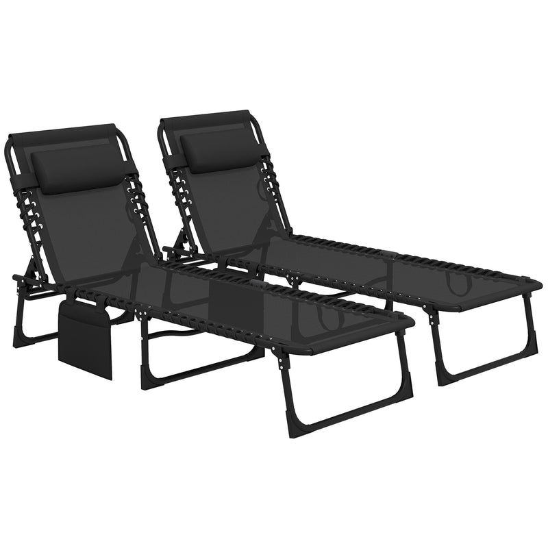 Black Folding Sun Lounger Set of 2 with Adjustable Backrest and Side Pocket for Garden