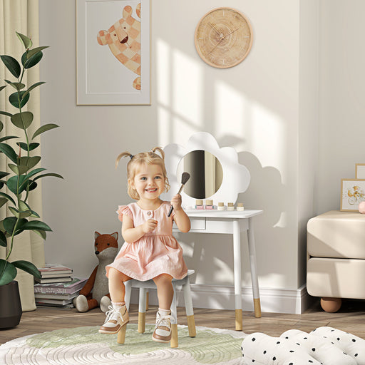 White Kids Dressing Table with Mirror Stool and Drawer Cloud Design by AIYAPLAY AOSOM