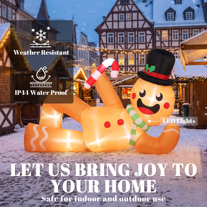 Gingerbread man glowing in a snowy street with weather-resistant and IP44 waterproof callouts
