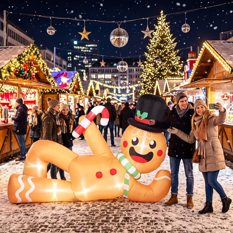 Two people taking a selfie with the gingerbread man at a Christmas market