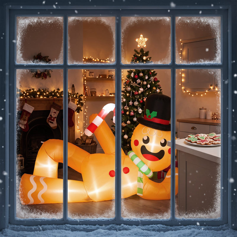 Gingerbread man glowing behind a frosted window beside a Christmas tree