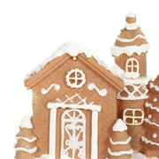 Close-up of the hand-painted snow detail on the gingerbread house