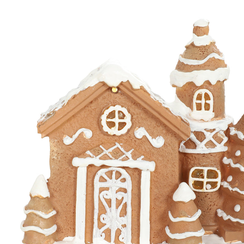 Close-up of the hand-painted snow detail on the gingerbread house