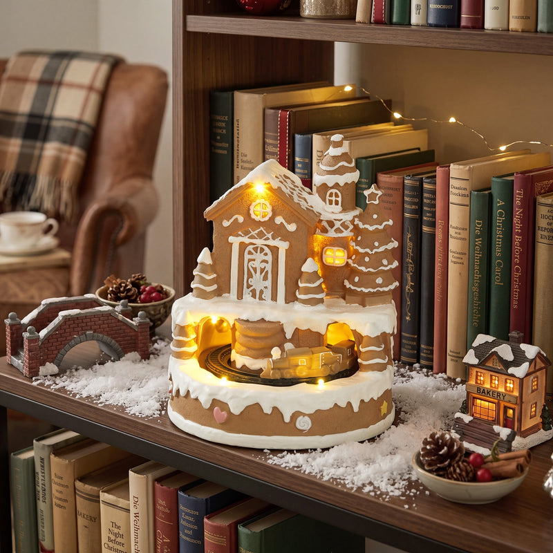 Gingerbread house glowing on a bookshelf beside books