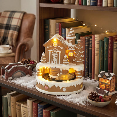 Gingerbread house glowing on a bookshelf beside books