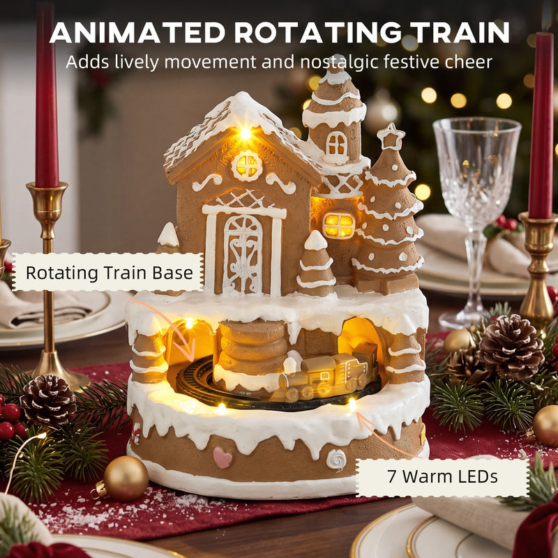 Rotating train base and 7 warm LEDs callout on a festive table