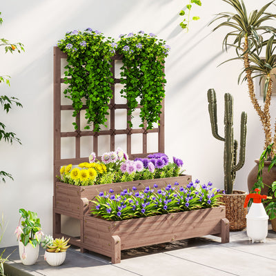 2 Tier Wooden Raised Garden Bed with Trellis and Drainage for Climbing Plants and Vegetables by Outsunny