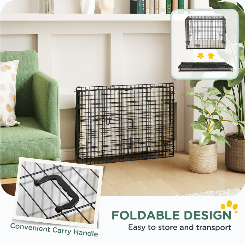 Foldable Black Dog Crate with 2 Doors Tray and Soft Cushion for Small Dogs 76 x 53 x 60 by PawHut