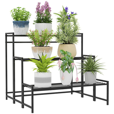3 Tier Black Metal Plant Stand Ladder Shelf for Garden Patio or Balcony by Outsunny AOSOM