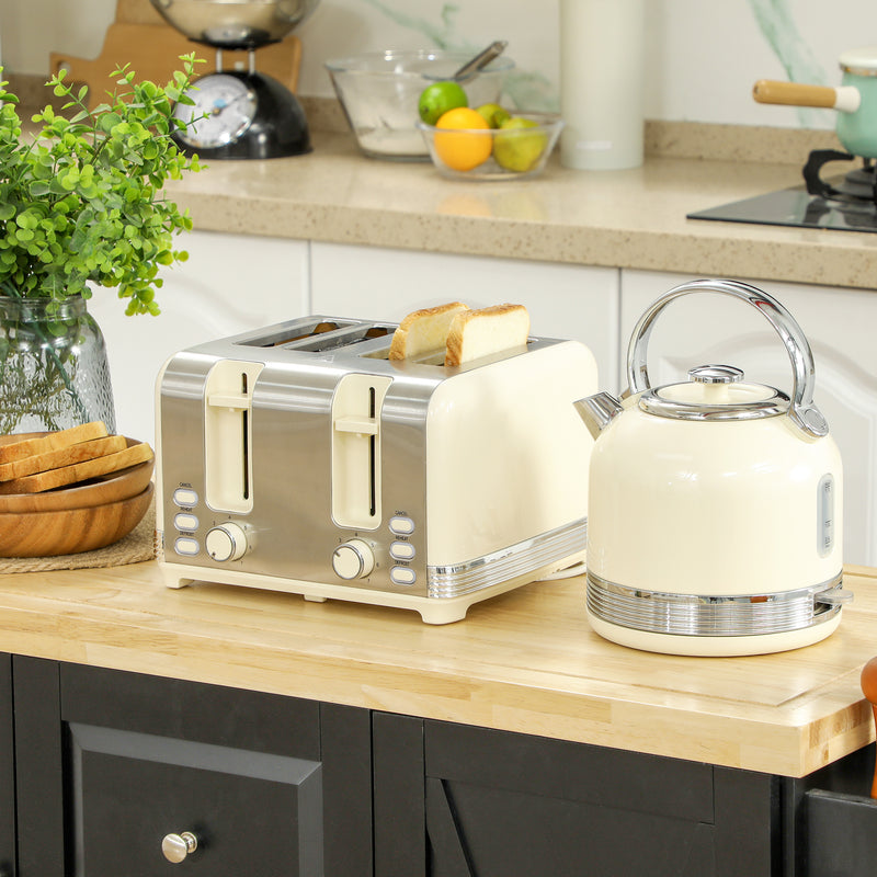 Cream Cordless Kettle and Toaster Set Polished Metal Stylish Kitchen Appliances by HOMCOM