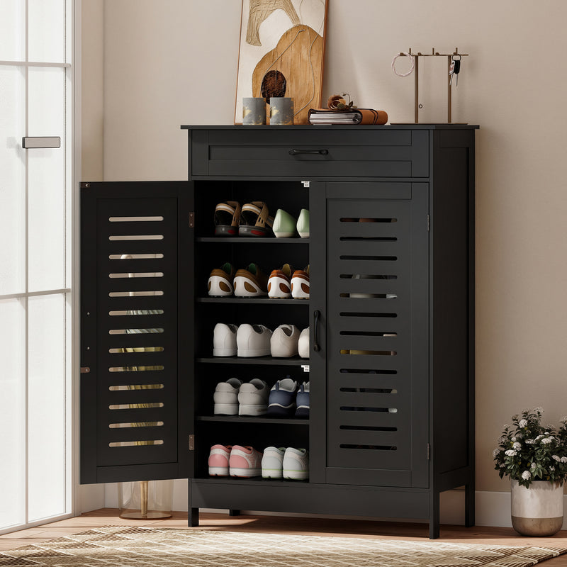 Black Shoe Storage Cabinet For Entryway with Louvered Doors Drawer and Adjustable Shelves 78x37x115cm Homcom