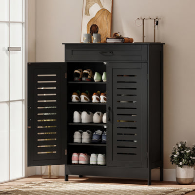 Black Shoe Storage Cabinet For Entryway with Louvered Doors Drawer and Adjustable Shelves 78x37x115cm Homcom