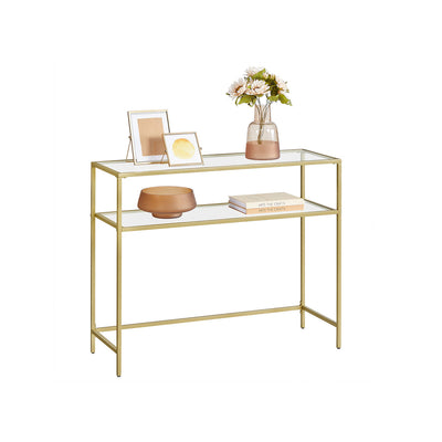 Gold Vasagle console table with two tempered glass tiers, studio view
