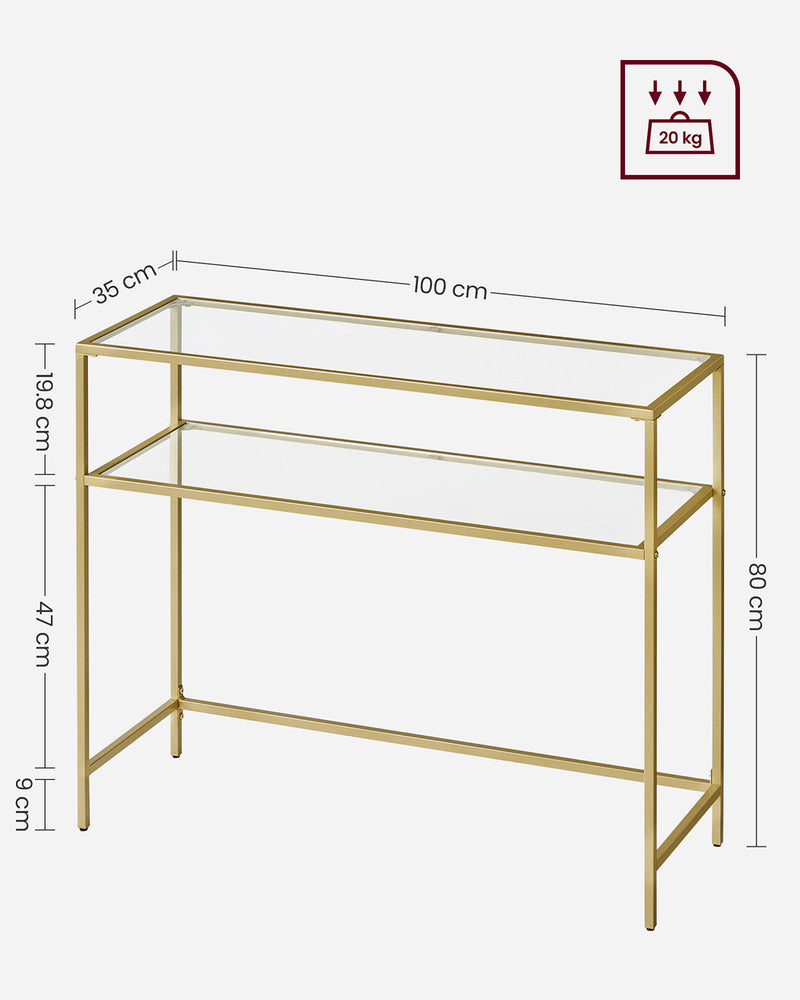 Dimensions diagram of the console table, 100 x 35 x 80 cm, 20 kg per tier