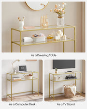 Gold console table used as a dressing surface with bottles and a mirror