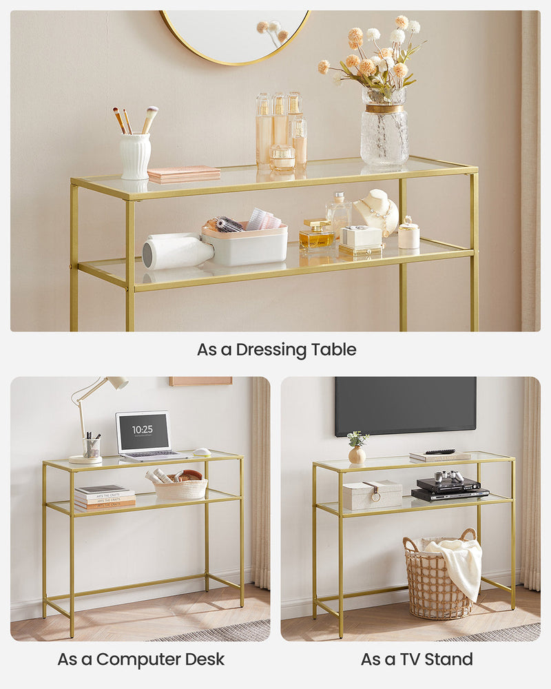 Gold console table used as a dressing surface with bottles and a mirror