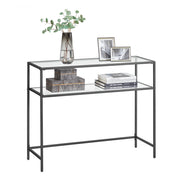Black Vasagle console table with two tempered glass tiers, studio view