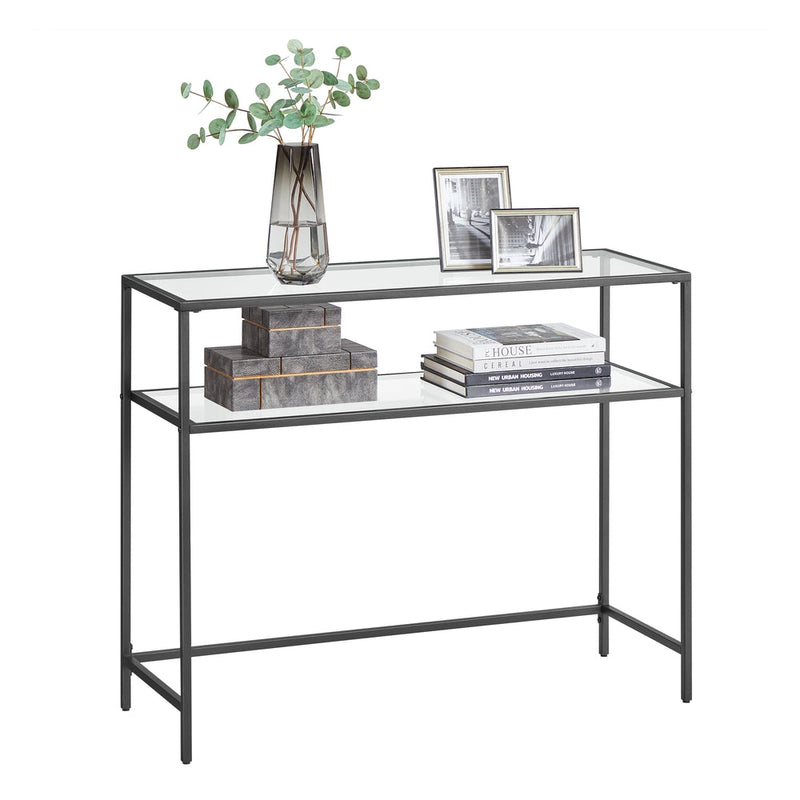 Black Vasagle console table with two tempered glass tiers, studio view