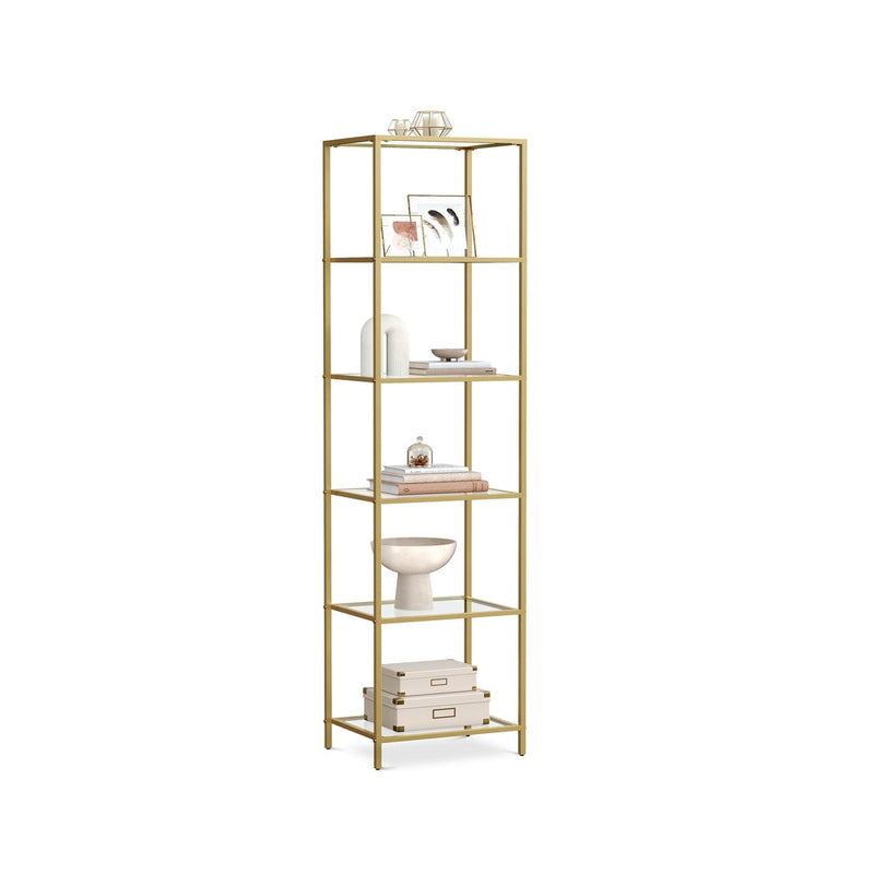 Vasagle glass display bookcase in rustic brown and black, front view
