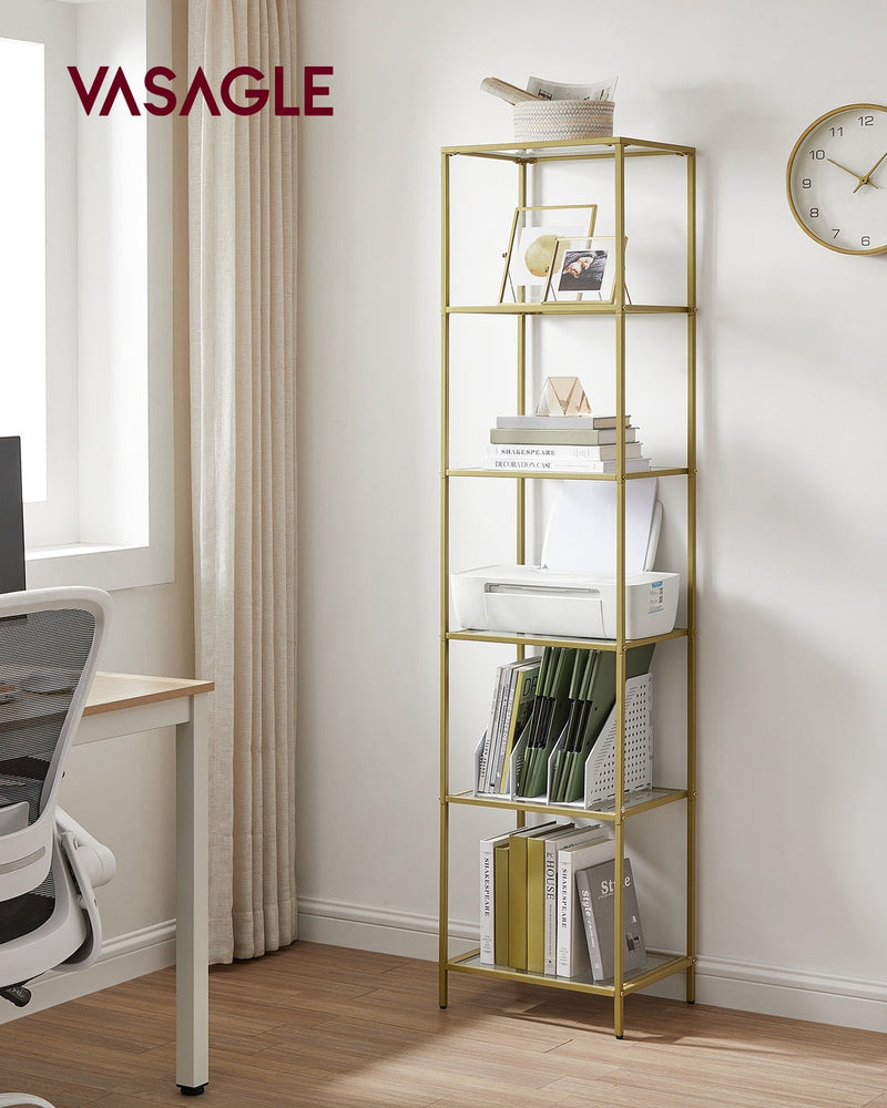 Glass display bookcase styled with books and décor in a living room