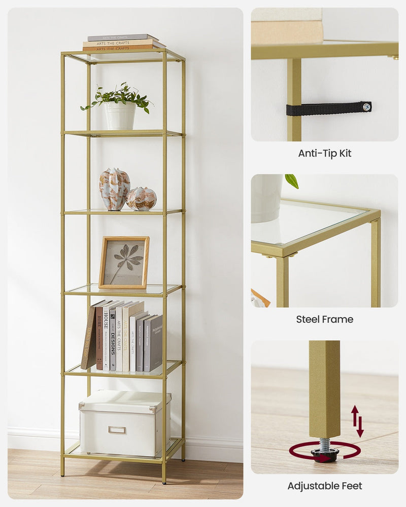 Bookcase styled with collectibles behind the glass doors