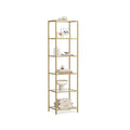 Vasagle gold glass display bookcase styled with books and decor in a home office corner