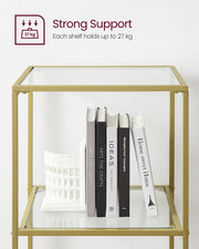Close-up of a glass shelf with books and a bookend, showing 27kg weight capacity per shelf