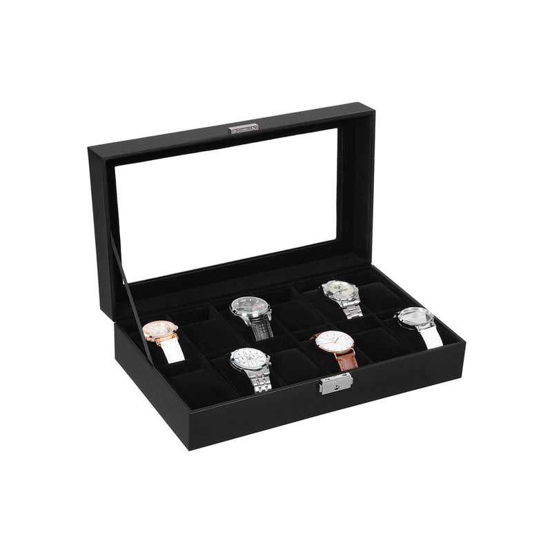 Watch box open at an angle showing the glass lid and grey velvet interior with watches
