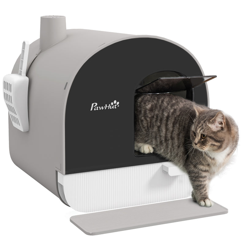 Covered Cat Litter Box With Scoop Filter and Flap Door for Odour Control Light, Grey