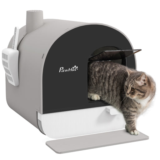 Covered Cat Litter Box With Scoop Filter and Flap Door for Odour Control Light, Grey